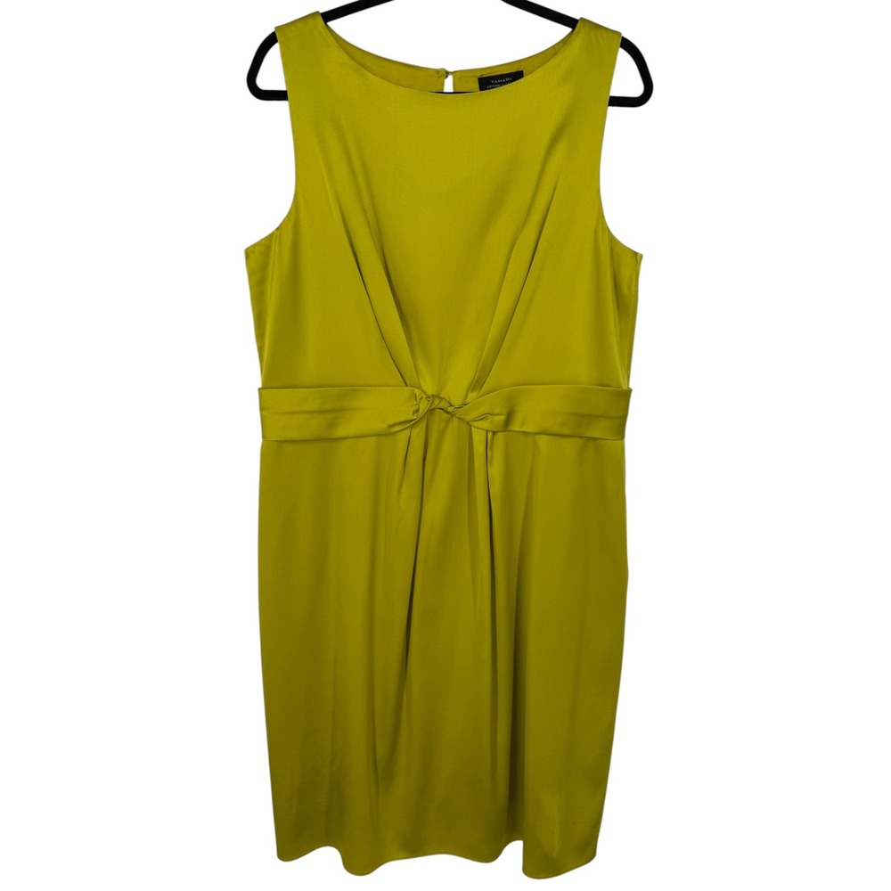 Tahari Arthur S Levine Womens Chartreuse Silk Twist Waist Sheath Dress Size 14
